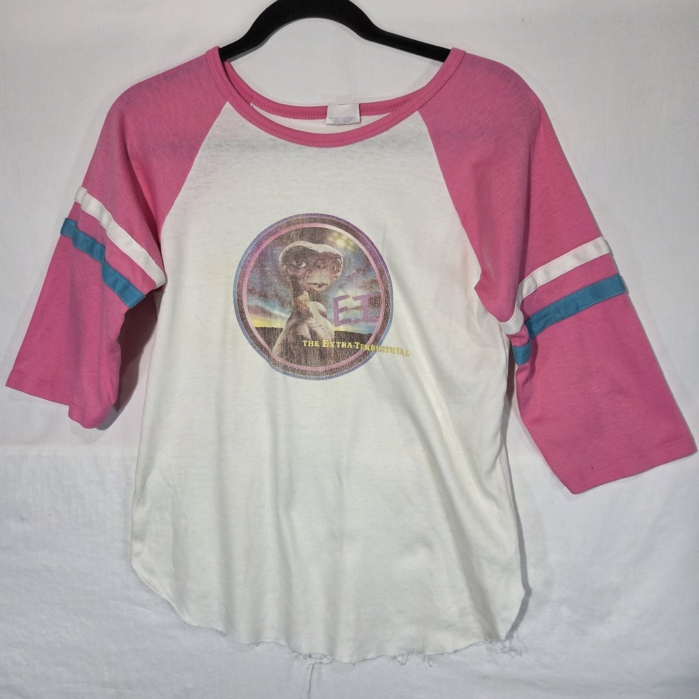 Miss Ronnie E.T. Graphic Tee Girls L Pink White Good Vintage 80s Raglan Baseball